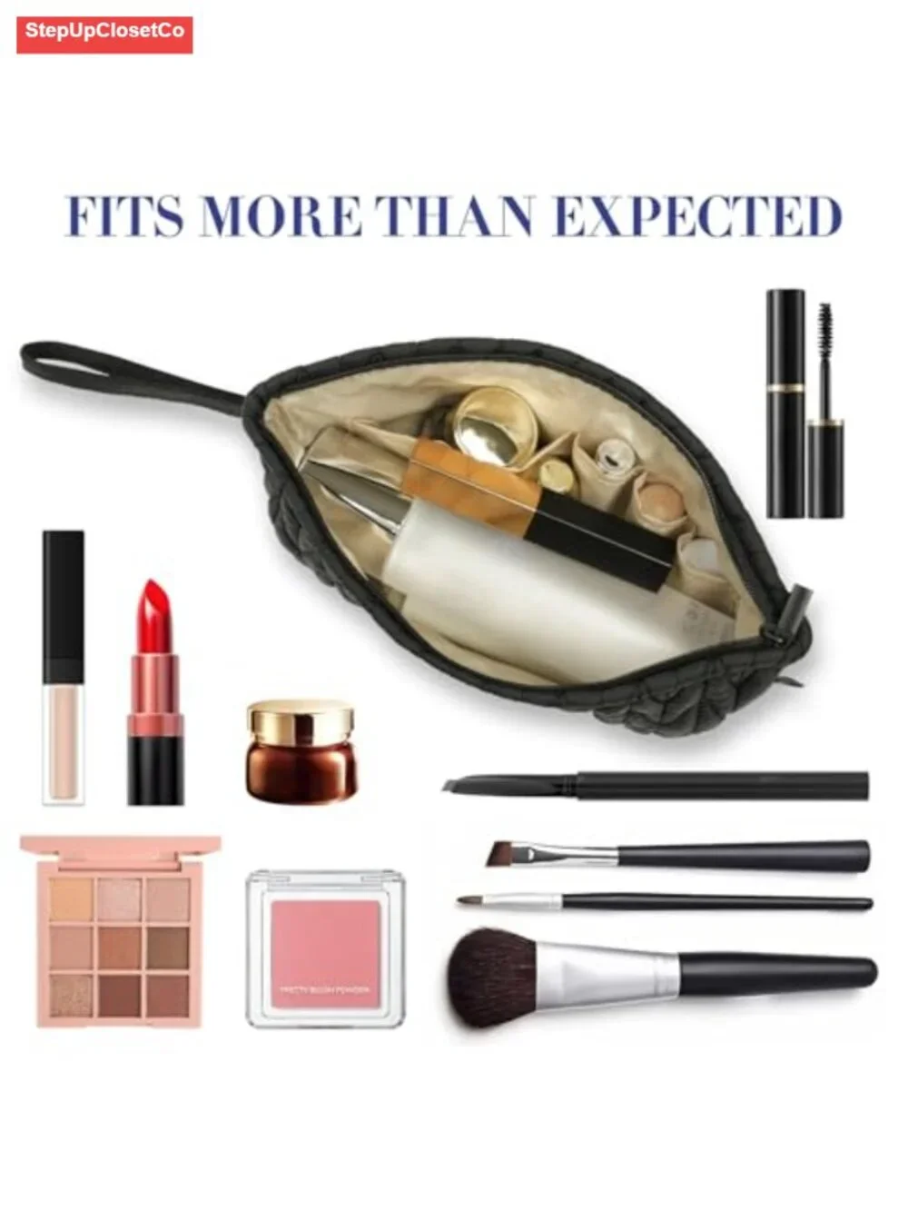 Puffy Waterproof Nylon Makeup Bag with Wristlet Handle, Cosmetic Pouch